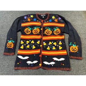 Vintage Gladys Bagley Halloween Cardigan Sweater Womens Large Charcoal Gray